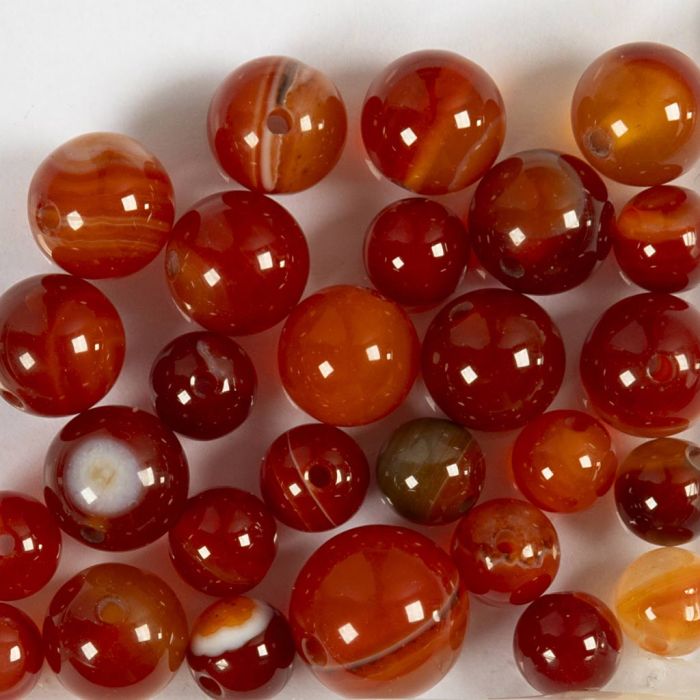 Perles de pierres d'agate, d 6+8+10 mm, diamètre intérieur 0,9-1 mm, orange brulé, rouge, 28 pièces/ 1 Pq.