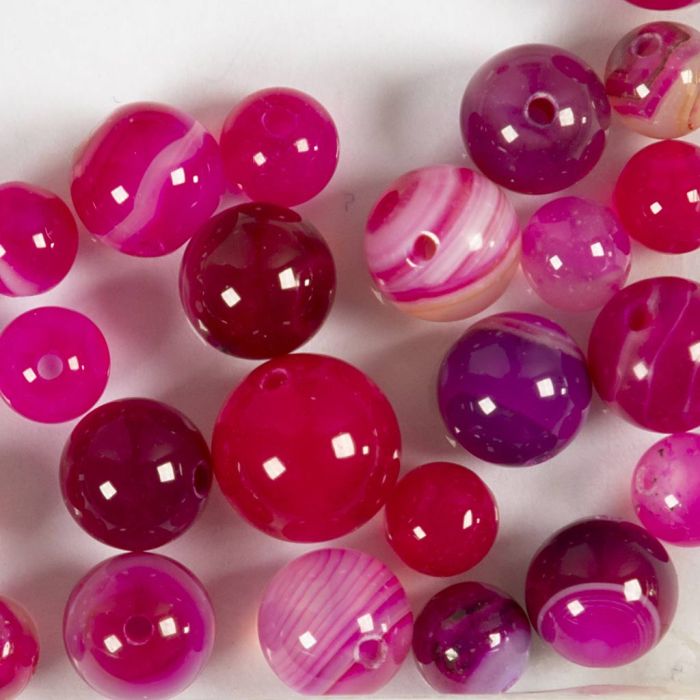 Perles de pierres d'agate, d 6+8+10 mm, diamètre intérieur 0,9-1 mm, rose, 28 pièces/ 1 Pq.