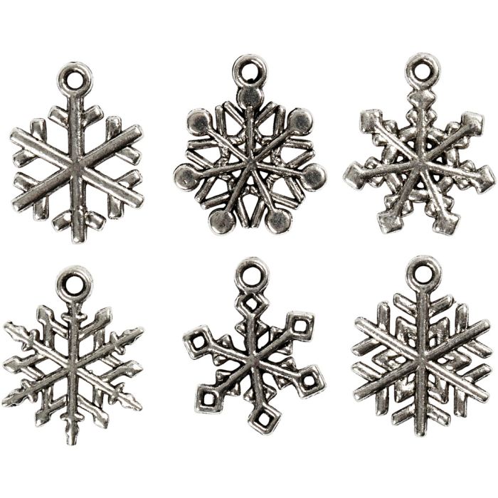Flocons de neige, H : 20 mm, diamètre intérieur 1,5 mm, argent antique, 18 ass./ 1 Pq.