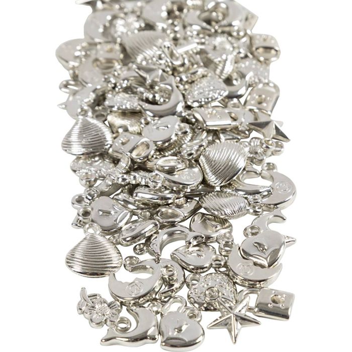 Breloques argentées, dim. 15-20 mm, diamètre intérieur 3 mm, ca. 200 pièce, 80 gr/ 1 Pq.