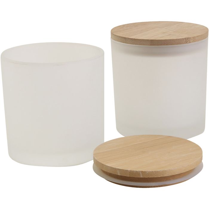 Pots en verre avec couvercles en bois, H : 9 cm, d 8 cm, dim. 8 cm, 315 ml, 12 pièces/ 1 Pq.