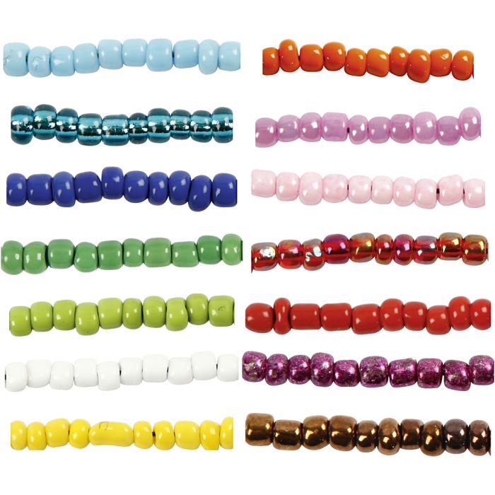 Perles de rocaille, d 3 mm, dim. 8/0, diamètre intérieur 0,6-1,0 mm, ass. de couleurs, 14x25 gr/ 1 Pq.