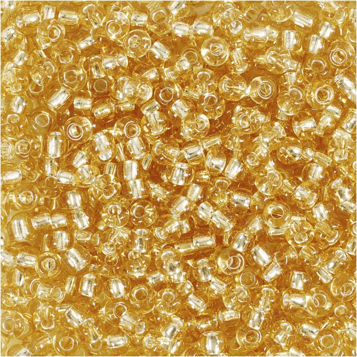 Perles de rocaille, d 3 mm, dim. 8/0, diamètre intérieur 0,6-1,0 mm, or, 25 gr/ 1 Pq.