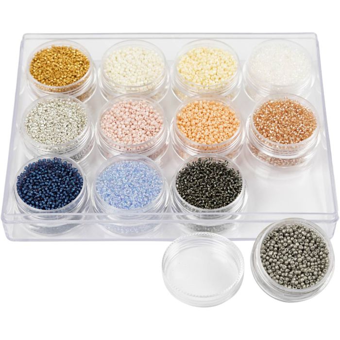 Perles de rocaille, d 1,7 mm, dim. 15/0, diamètre intérieur 0,5-0,8 mm, couleurs pastel, 12x15 gr/ 1 Pq.