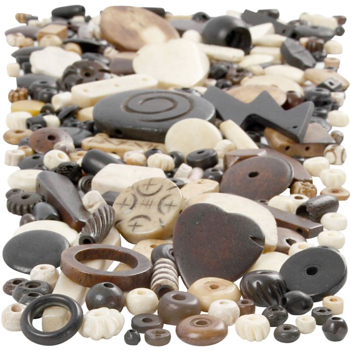 Mix de perles en os, dim. 5-30 mm, diamètre intérieur 1-2 mm, 300 gr/ 1 Pq.