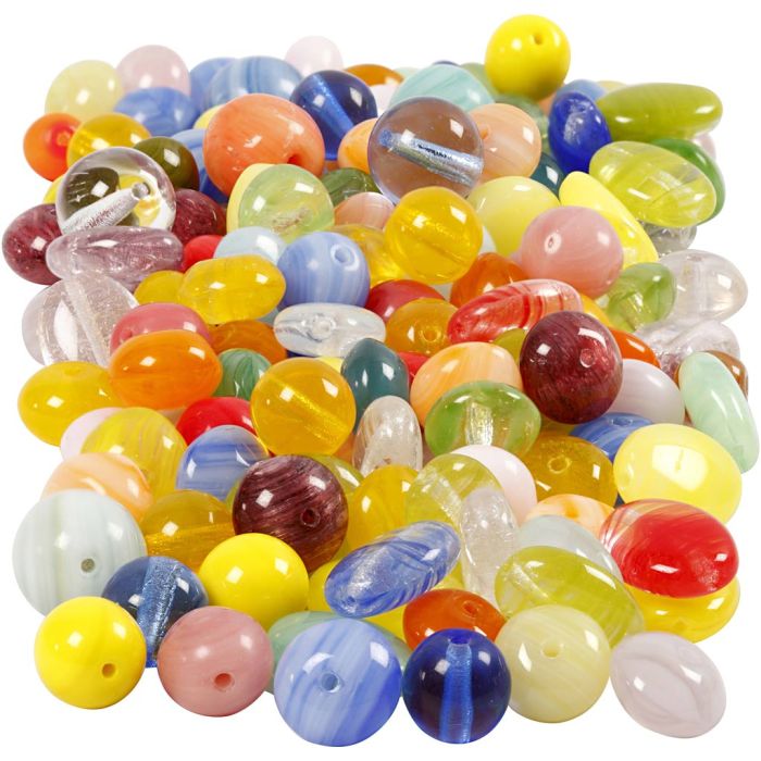 Perles de verre, rond, ovale, circulaire, d 6-13 mm, diamètre intérieur 0,5-1,5 mm, ass. de couleurs, 350 gr/ 1 Pq.