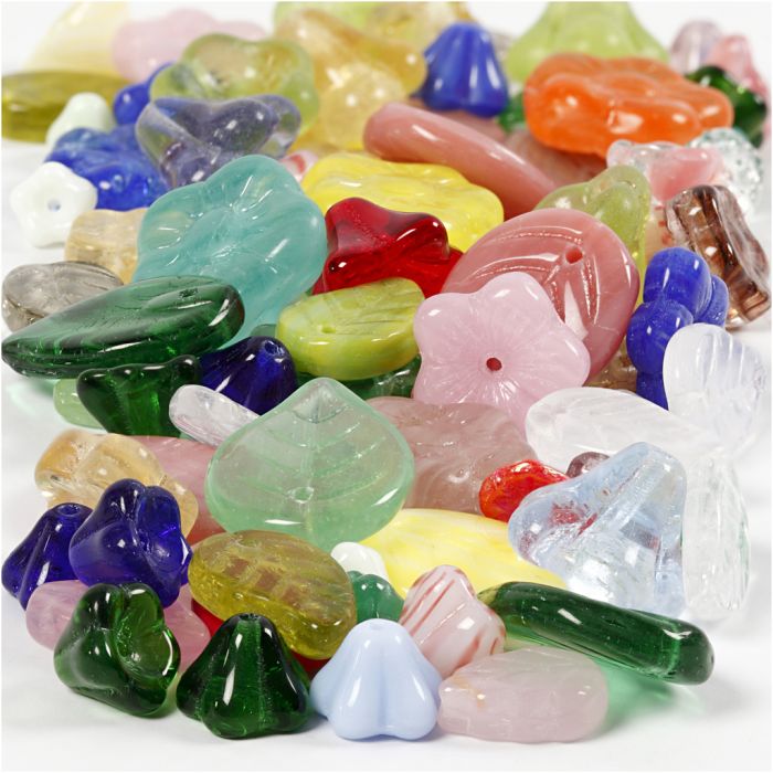 Perles de verre, feuilles, fleurs, d 6-17 mm, diamètre intérieur 0,5-1,5 mm, ass. de couleurs, 60 gr/ 1 Pq.