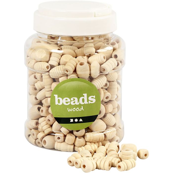 Perles en bois, dim. 5-28 mm, diamètre intérieur 2,5-3 mm, 175 gr, 400 ml/ 1 seau