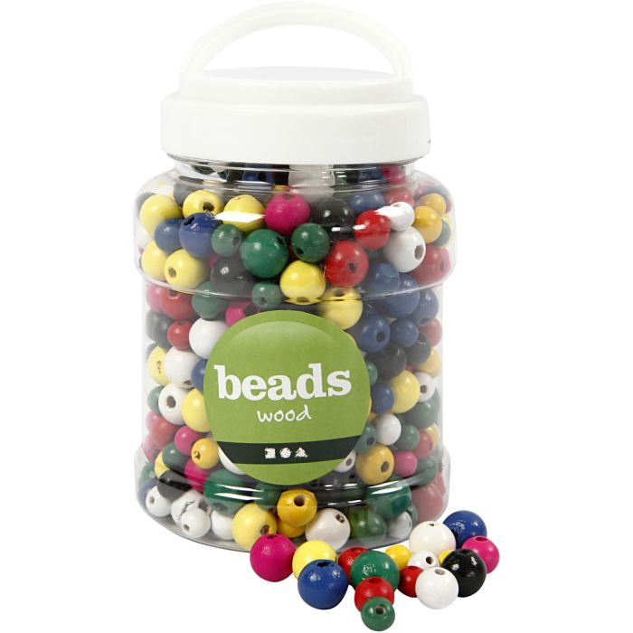 Perles en Bois, d 8+10+12 mm, diamètre intérieur 2-2,5 mm, ca. 540 pièce, ass. de couleurs, 175 gr, 400 ml/ 1 seau