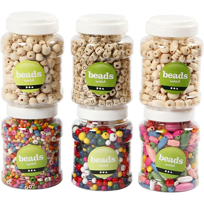 Perles en bois, d 5-25 mm, 6x200 gr, 6x400 ml/ 1 Pq.