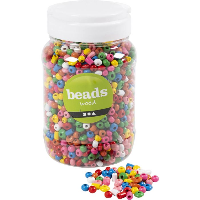 Perles en bois, d 5-8 mm, diamètre intérieur 1,5 mm, ass. de couleurs, 175 gr, 400 ml/ 1 seau