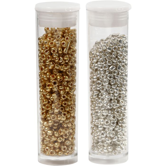 Perles de rocaille, d 1,7 mm, dim. 15/0, diamètre intérieur 0,5-0,8 mm, or, argent, 2x7 gr/ 1 Pq.