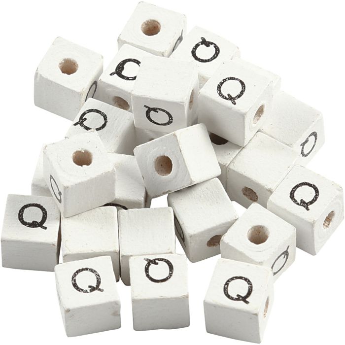 Perles lettres, Q, dim. 8x8 mm, diamètre intérieur 3 mm, blanc, 25 pièces/ 1 Pq.
