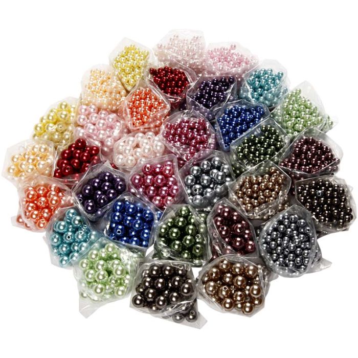Perles de cire, d 6+10 mm, diamètre intérieur 1,5+2 mm, ca. 640+3040 pièce, ass. de couleurs, 32x20 gr/ 1 Pq.