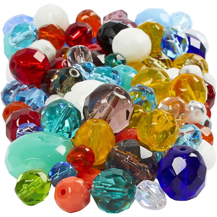 Perles à facettes, dim. 3-15 mm, diamètre intérieur 0,5-1,5 mm, ca. 450 pièce, ass. de couleurs, 400 gr/ 1 Pq.