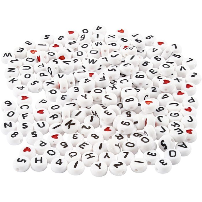 Perles lettres, dim. 7 mm, diamètre intérieur 1,2 mm, ca. 1500 pièce, blanc, 200 gr/ 1 Pq.
