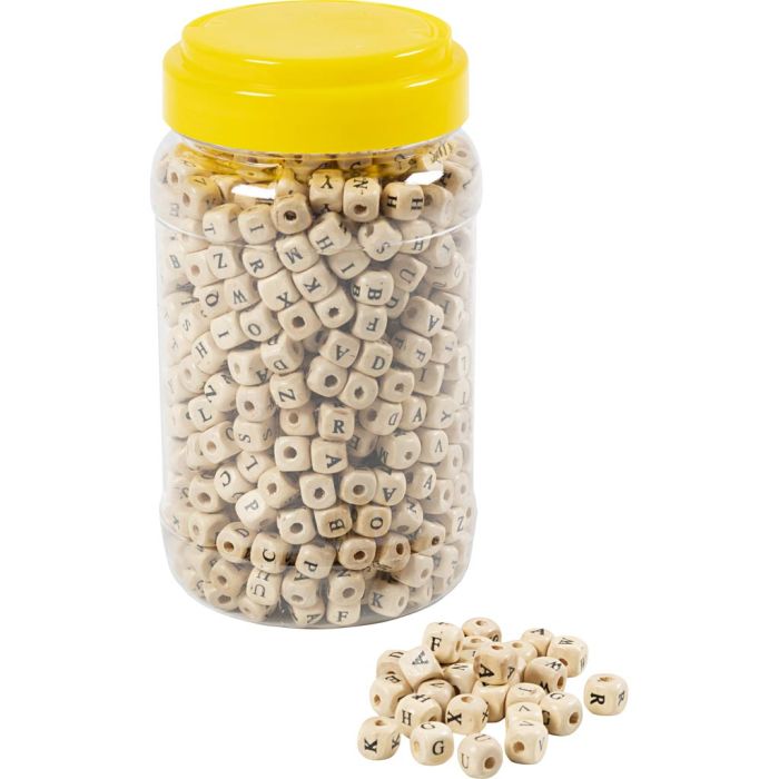 Perles en bois, A-Å, dim. 7x7 mm, diamètre intérieur 3 mm, blanc, 400 ml, 200 gr/ 1 Pq.