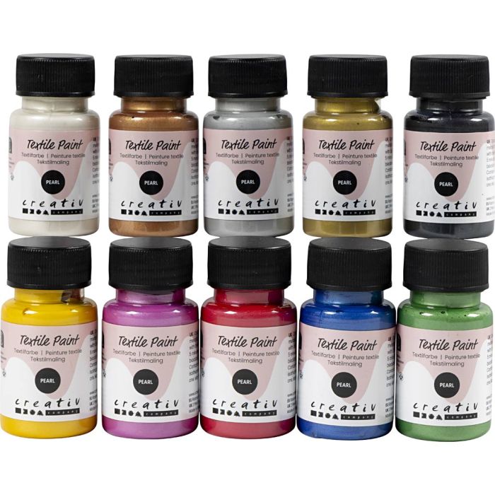 Peinture Textile, nacré, opaque, ass. de couleurs, 10x50 ml/ 1 Pq.