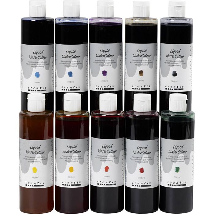 Peinture aquarelle, ass. de couleurs, 10x300 ml/ 1 Pq.