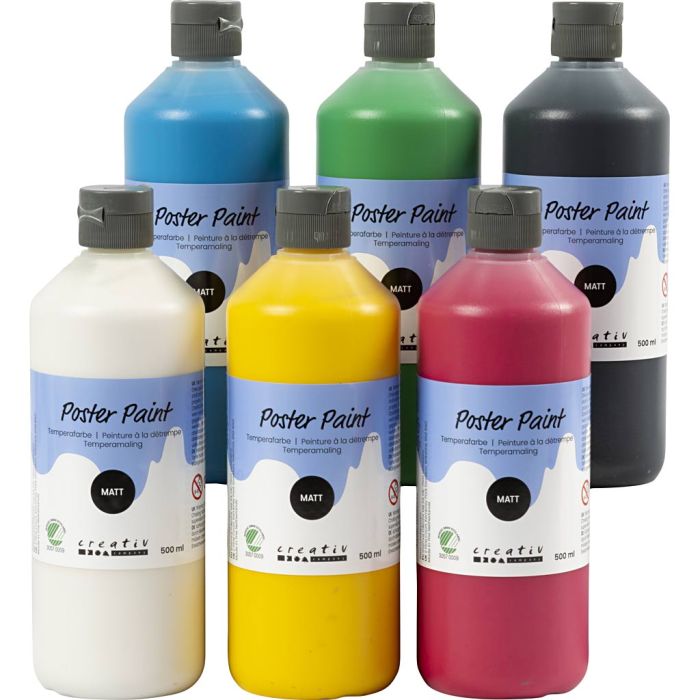 Peinture à la détrempe, mate, semi opaque, ass. de couleurs, 6x500 ml/ 1 Pq.