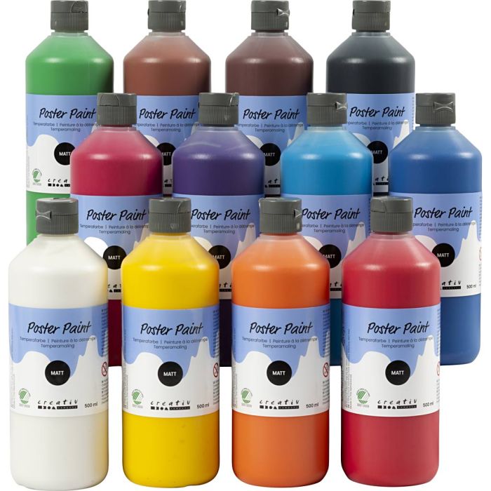 Peinture à la détrempe, mate, semi opaque, ass. de couleurs, 12x500 ml/ 1 Pq.