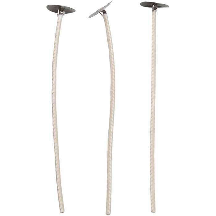 Mèches pour bougies dans un récipient, Convient aux récipients d’un diamètre de 20 à 65 mm, L : 10 cm, ép. 2 mm, 50 pièces/ 1 Pq.