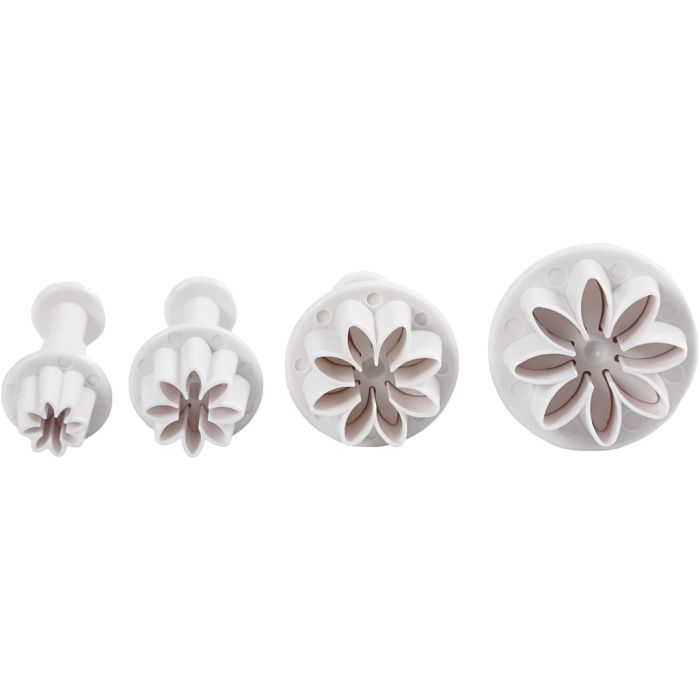 Emporte-Pièces avec Tampon, fleurs, d 2,3+2,8+3,6+4,4 cm, blanc, 4 pièces/ 1 Pq.