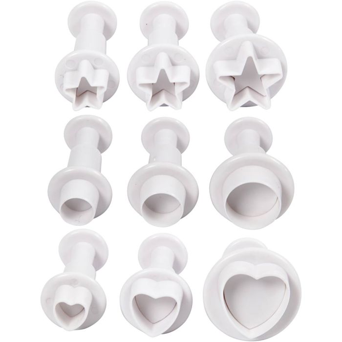 Emporte-Pièces avec Tampon, étoile, cercle, cœur, d 1,1-3, blanc, 9 pièces/ 1 Pq.
