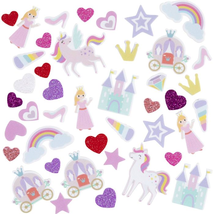 Autocollants en mousse, Cœur, princesse, licorne, autocollant, dim. 13-50 mm, harmonie violet/rose, 150 pièces/ 1 Pq.