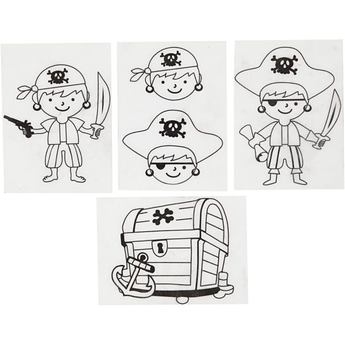 Feuilles de plastique thermorétractable avec motifs, pirates, feuille 10,5x14,5 cm, ép. 0,3 mm, transparent mat, 4 flles/ 1 Pq.