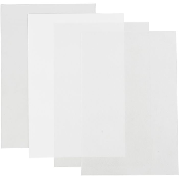 Feuilles de plastique thermorétractable, feuille 20x30 cm, ép. 0,3 mm, brillant transparent, transparent mat, blanc mat, 4 flles/ 1 Pq.