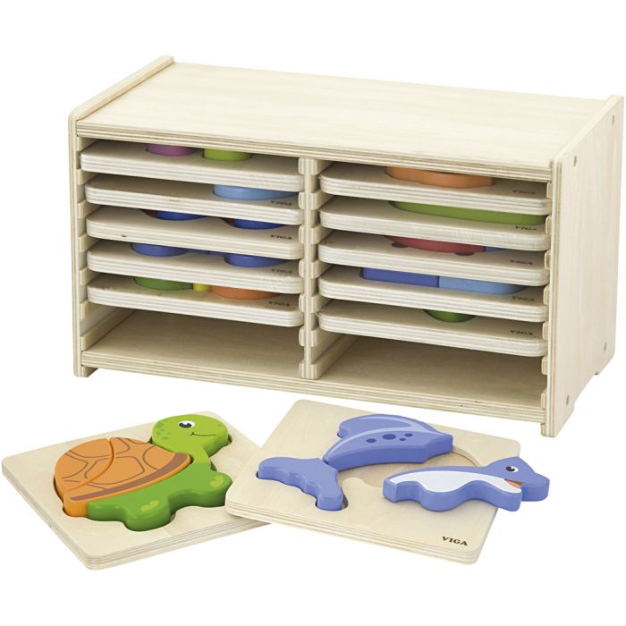 Étagère à puzzle VIGA avec 12 puzzles, H : 17,5 cm, L : 31,5, L : 16 cm, 2 pièces, 12 morceaux/ 1 set
