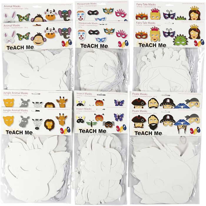 Masques en papier cartonné, H : 15-22 cm, L : 24-25 cm, blanc, 192 pièces/ 1 Pq.