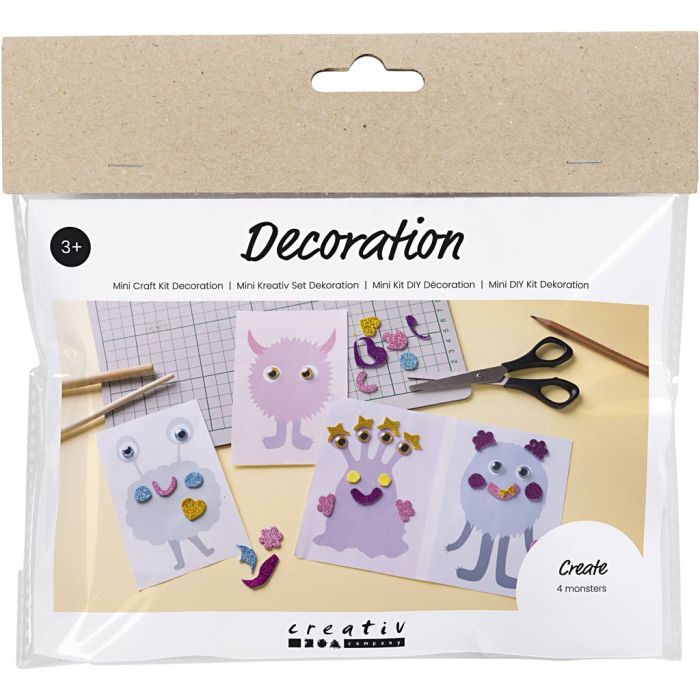 Mini Kit DIY Décoration, Collage monstre, bleu pastel, vert pastel, rose pastel, violet pastel, 1 Pq.