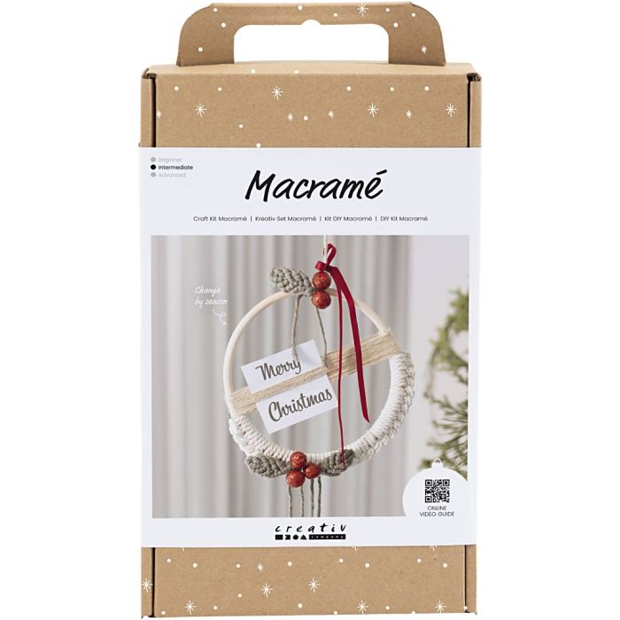 Kit DIY Macramé, Couronne de Noël, vert mousse, rouge cerise, blanc cassé, 1 Pq.