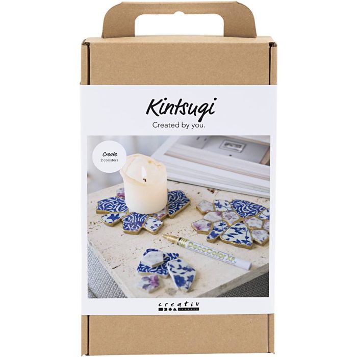Kit DIY Kintsugi, Dessous de verre, bleu, or, rouge clair, blanc, 1 Pq.