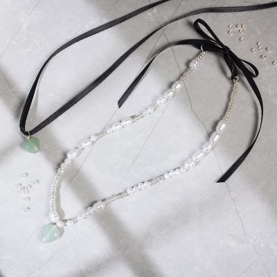 Colliers Cœur Aventurine et ruban de satin
