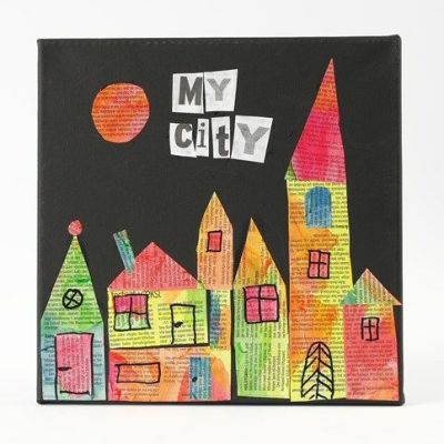 Une toile noire avec un collage fait de papier journal color&eacute;