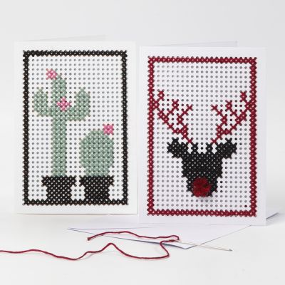 Cartes de vœux brodées avec un cactus et un renne