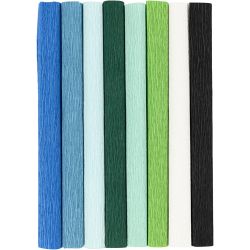 Papier Cr&eacute;pon, feuille 25x60 cm, Cr&ecirc;p&eacute; &agrave; 180%, 105 gr, harmonie bleu/vert, 8 flles/ 1 Pq.