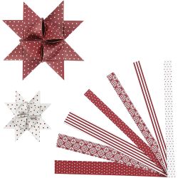 Bandes de papier &eacute;toiles, L : 44+78 cm, L : 15+25 mm, d 6,5+11,5 cm, rouge, blanc, 60 bandes/ 1 Pq.