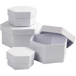 Bo&icirc;tes Hexagonales, dim. 6,5x4 + 8x5 + 10x6 + 12x7 cm, blanc, 4 pi&egrave;ces/ 1 set