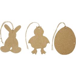 D&eacute;corations de P&acirc;ques &agrave; suspendre, lapin, poulet, oeuf, H : 10 cm, 6 pi&egrave;ces/ 1 Pq.