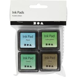 Tampon encreur , H : 2 cm, dim. 3,5x3,5 cm, vert, vert clair, olive, aqua, 4 pi&egrave;ces/ 1 Pq.