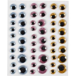 Yeux loucheurs, d 8+10+12+15 mm, bleu clair, or, rouge clair, 54 pi&egrave;ces/ 1 flles