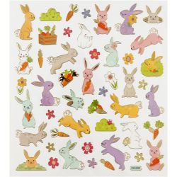 Autocollants, Lapin de P&acirc;ques, feuille 15x16,5 cm, ca. 50 pi&egrave;ce, 1 flles