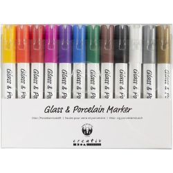 Feutre pour verre et porcelaine, trait 1-2 mm, semi opaque, ass. de couleurs, 12 pi&egrave;ces/ 1 Pq.