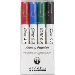 Feutre pour verre et porcelaine, trait 1-2 mm, semi opaque, noir, bleu, vert, rouge, 4 pièces/ 1 Pq.