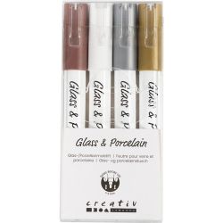 Feutre pour verre et porcelaine, trait 1-2 mm, semi opaque, brun, or, argent, blanc, 4 pièces/ 1 Pq.