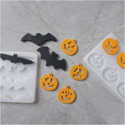Moule en silicone, Chauves-souris et citrouilles, H : 0,3+0,5 cm, L : 3+8 cm, transparent mat, 2 pi&egrave;ces/ 1 pi&egrave;ce
